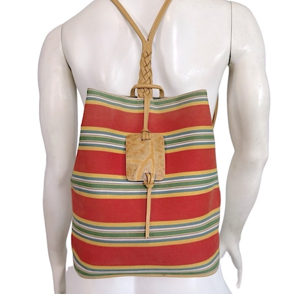 BOOTS N’ BAGS Red Green Yellow Stripe Canvas Leather Backpack Slingbag
